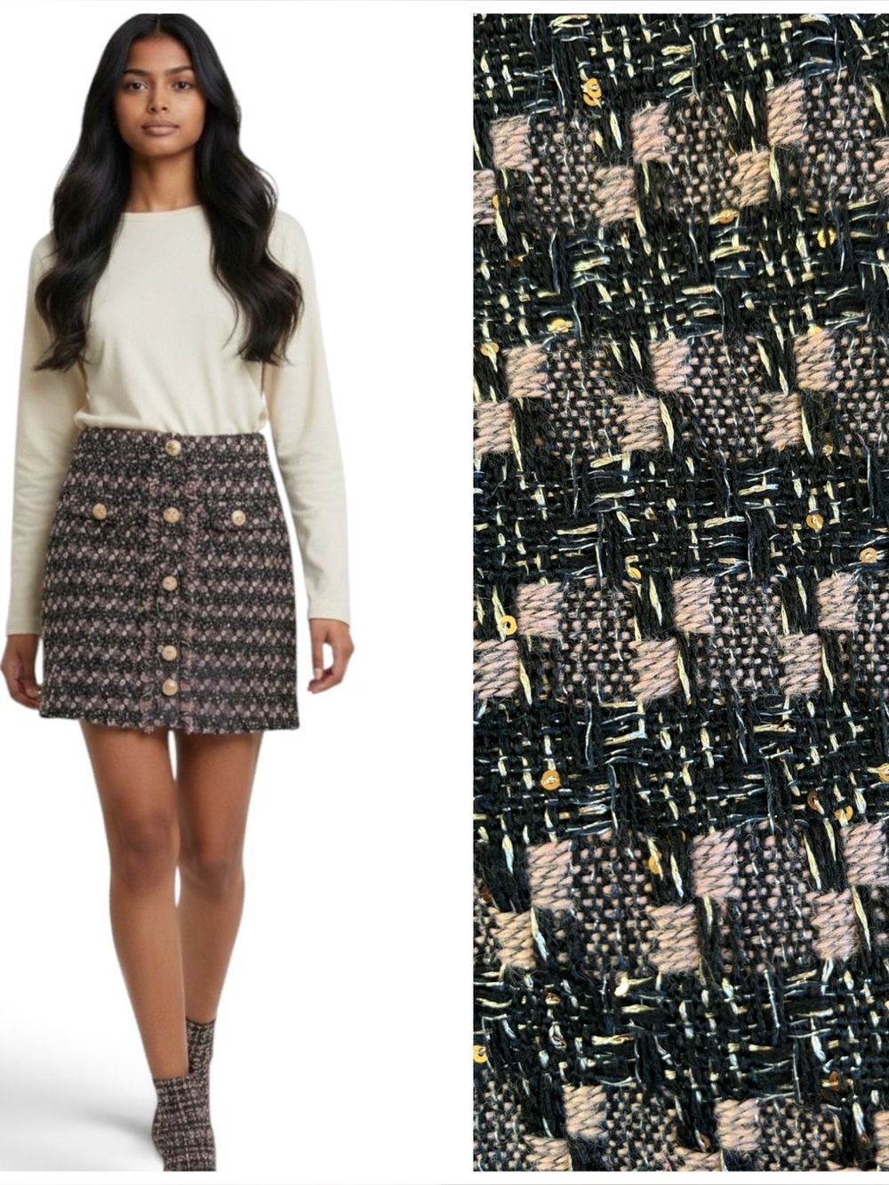 WALTER BAKER Tribecca Tweed Black and Blush Pink Plaid Sequin Mini Skirt